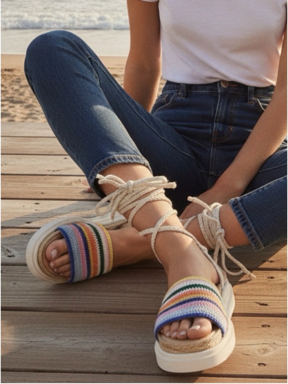 Steve Madden Mertha Lace Up Gladiator Sandals Crochet Rainbow Striped Boho